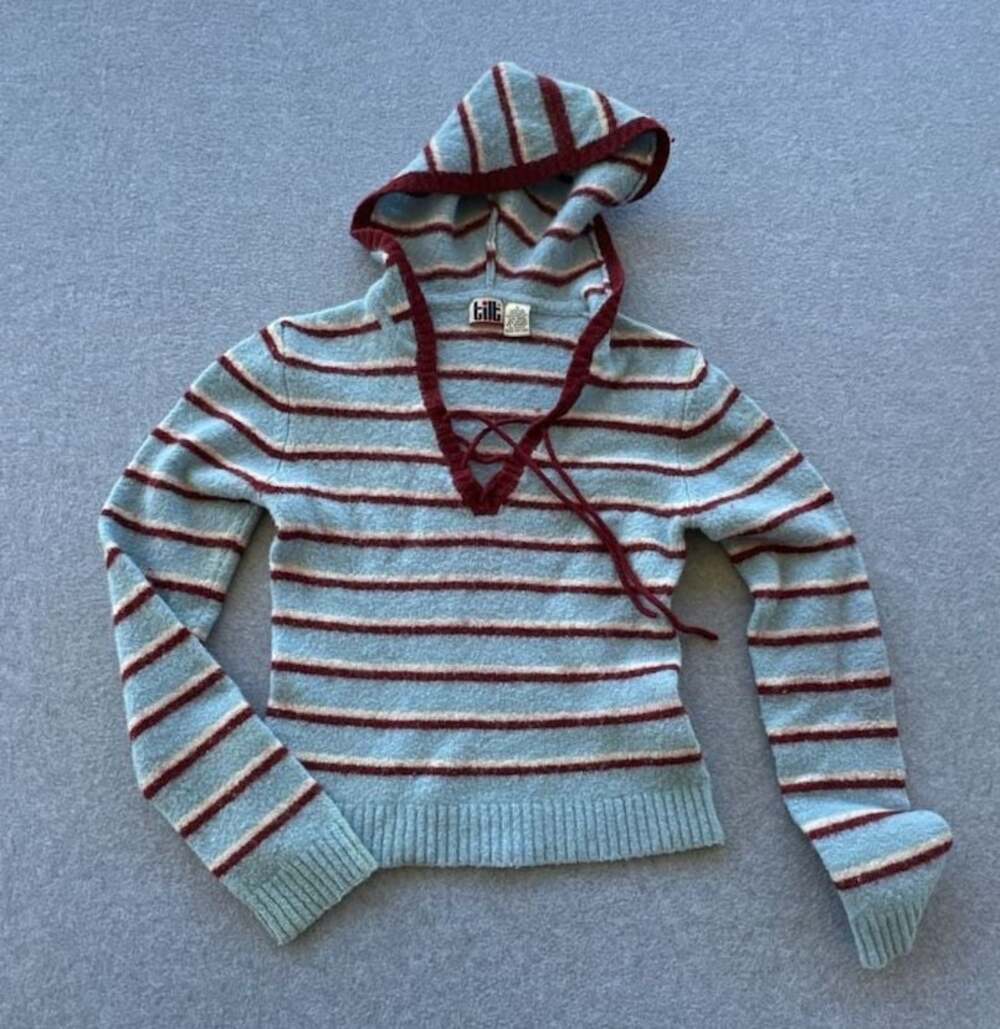 Y2K Tilt Striped Hooded Sweater Lace-Up Pullover Soft Knit Junior Size Small